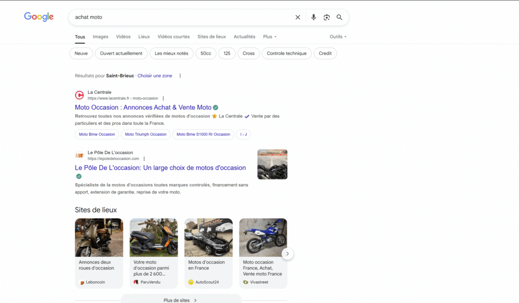 Page de recherche Google pour la recherche "achat moto"
