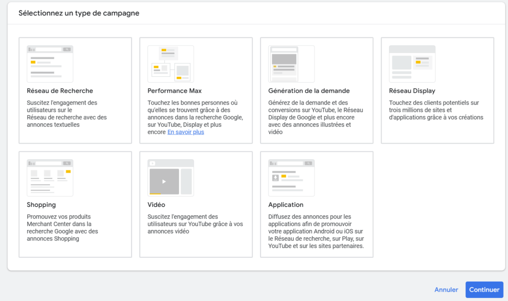 Différents type de campagne Google ADS