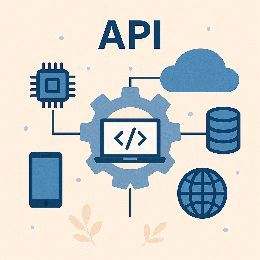 Illustration du concept d’API montrant les connexions entre un ordinateur, un smartphone, une base de données, un processeur et un cloud.