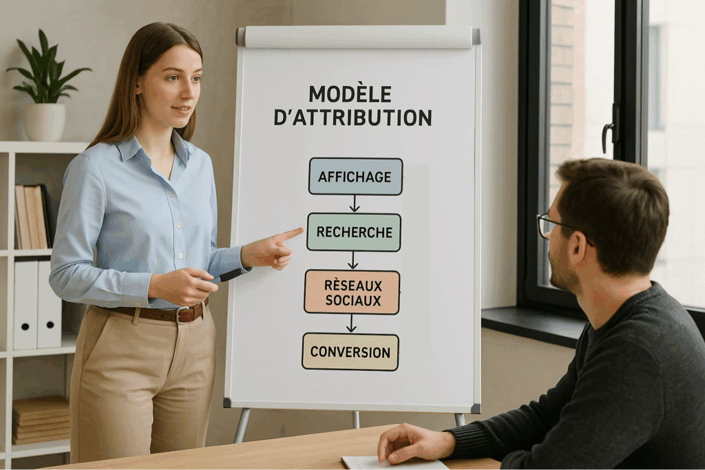 Photo d’une présentation en entreprise où une personne explique le modèle d’attribution marketing affiché sur un tableau, avec les étapes affichage, recherche, réseaux sociaux et conversion.