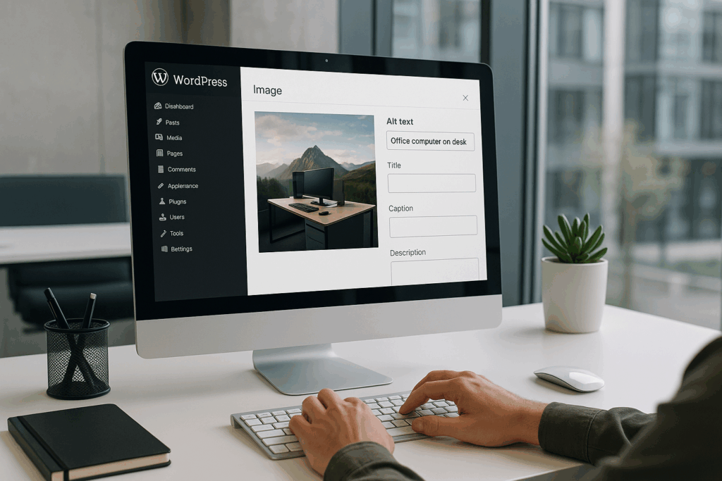 Ordinateur affichant l’interface WordPress avec l’édition des paramètres d’image, dont le texte alternatif, le titre et la description pour l’optimisation SEO.