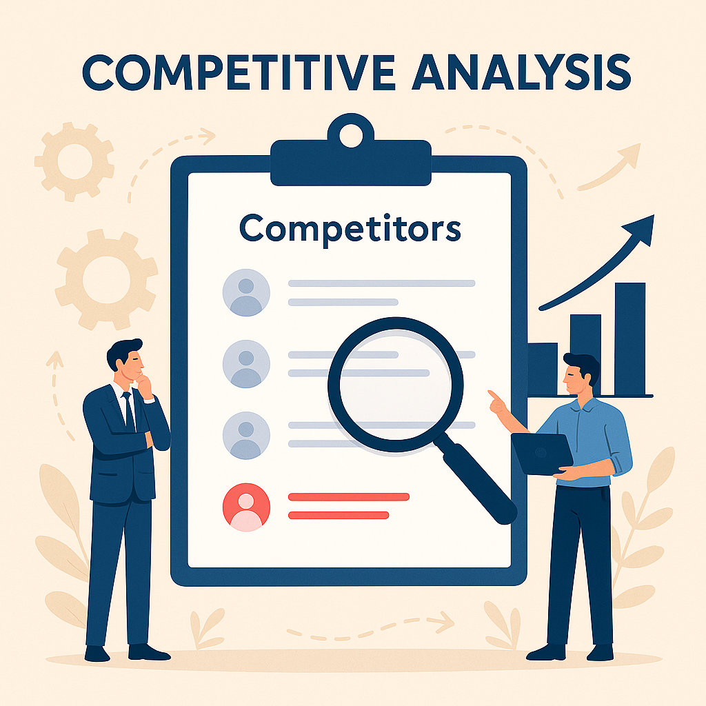 Illustration représentant une analyse concurrentielle avec deux professionnels étudiant une liste de concurrents sur un tableau, symbole de stratégie marketing et d’optimisation SEO.