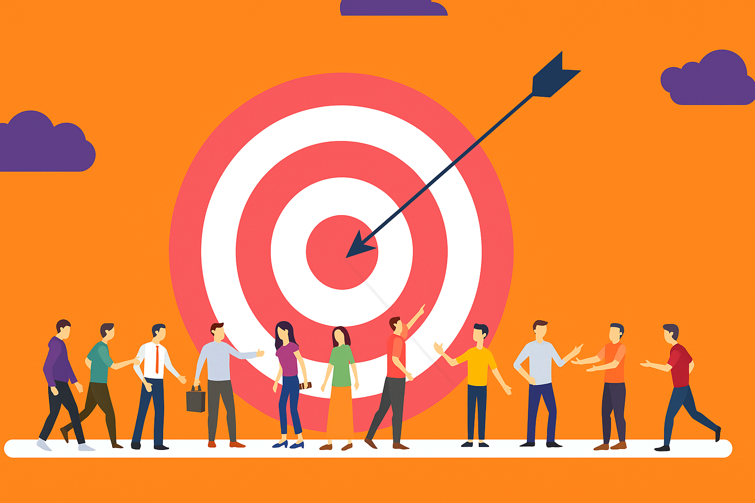 Illustration représentant une stratégie de ciblage marketing avec une flèche atteignant le centre d’une cible, entourée de personnes symbolisant différents profils d’audience.