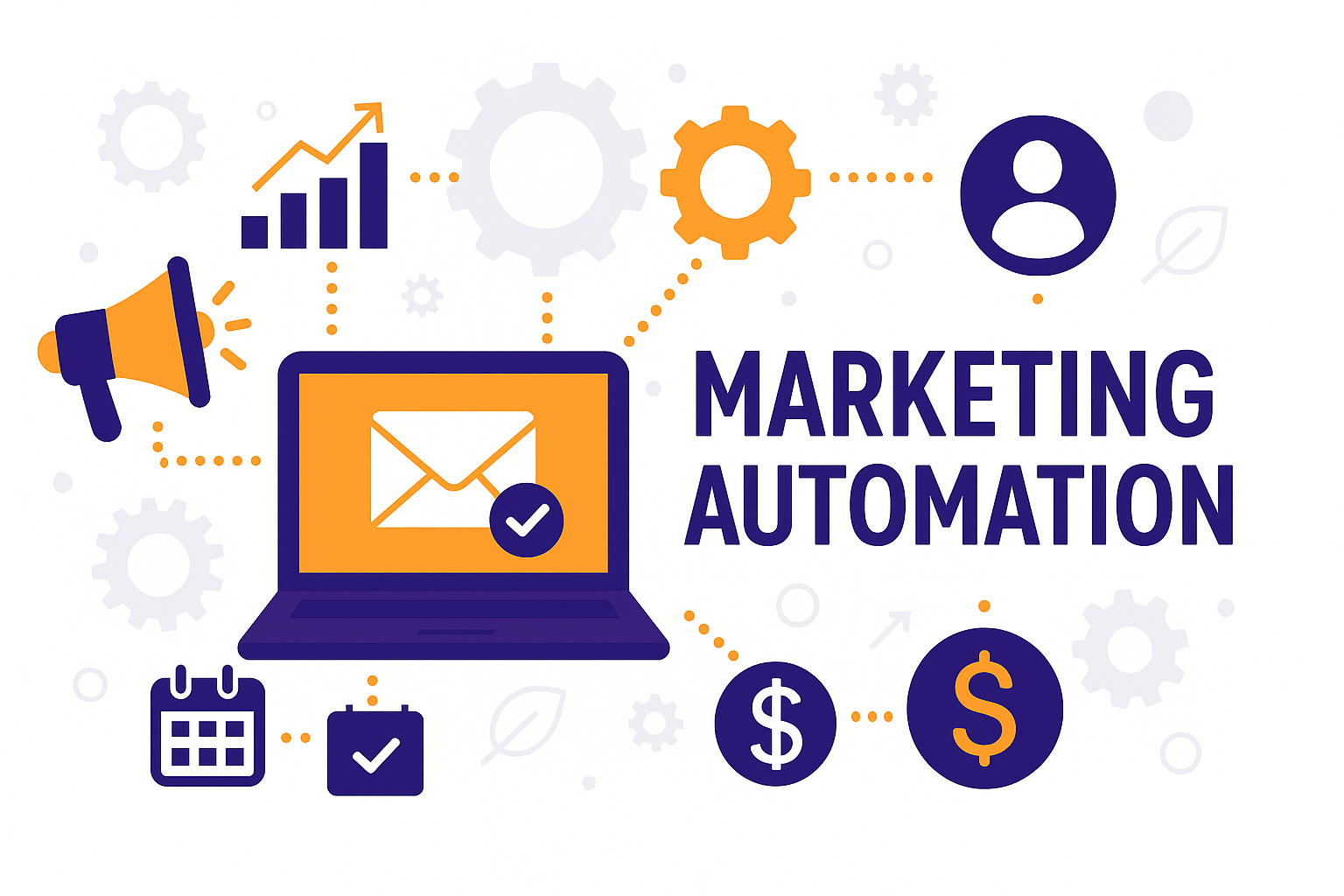 Illustration d’un ordinateur connecté à des icônes de marketing automation : emailing, calendrier, CRM, finances et communication digitale.