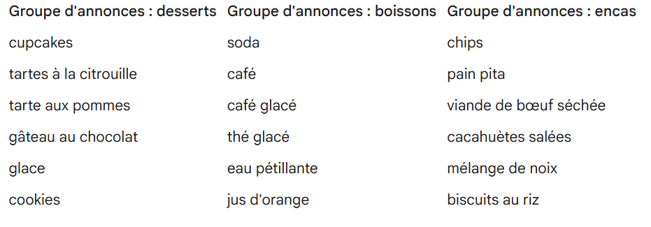Exemple de groupes d'annonces par Google