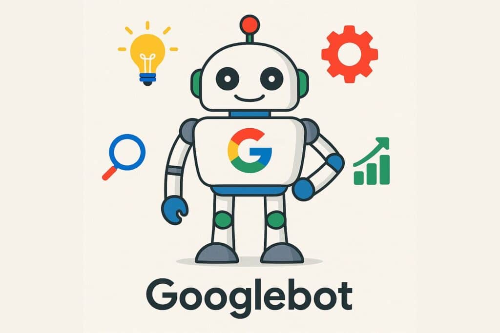 Illustration du robot Googlebot représentant l’algorithme de Google utilisé pour explorer et indexer les pages web dans le cadre du référencement SEO.