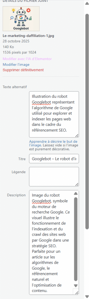Capture d’écran de l’interface WordPress montrant les champs de texte alternatif, titre et description d’une image pour l’optimisation SEO.
