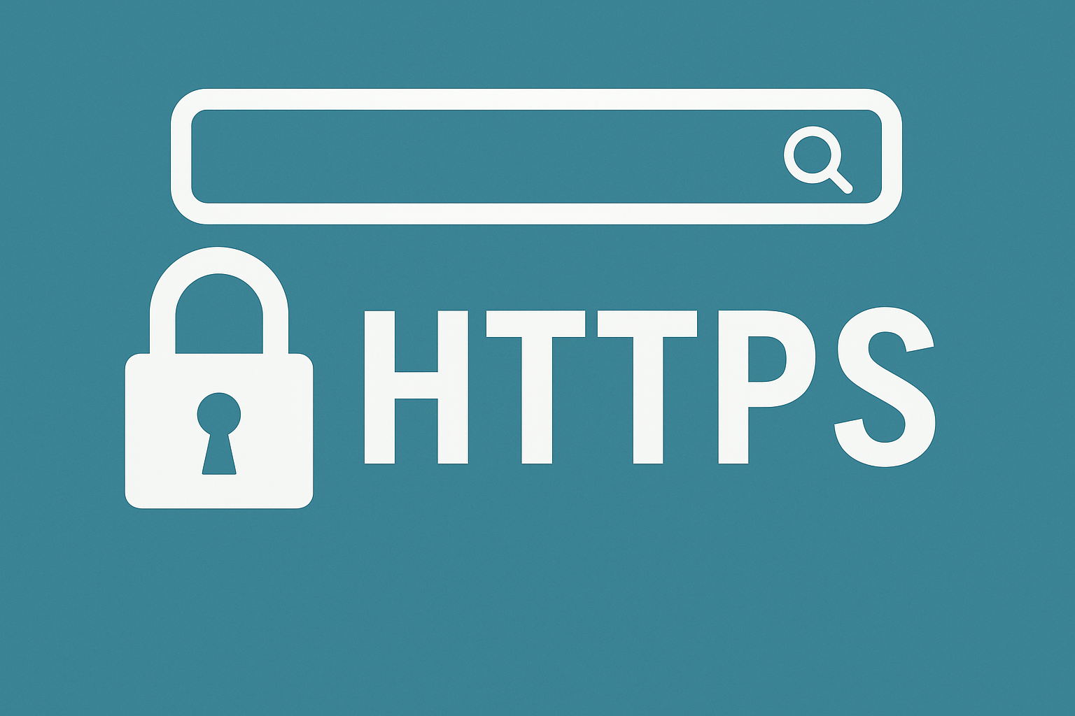 Illustration représentant la balise HTTPS avec une icône de cadenas et une barre de recherche, symbolisant la sécurité et le chiffrement des données sur un site internet.