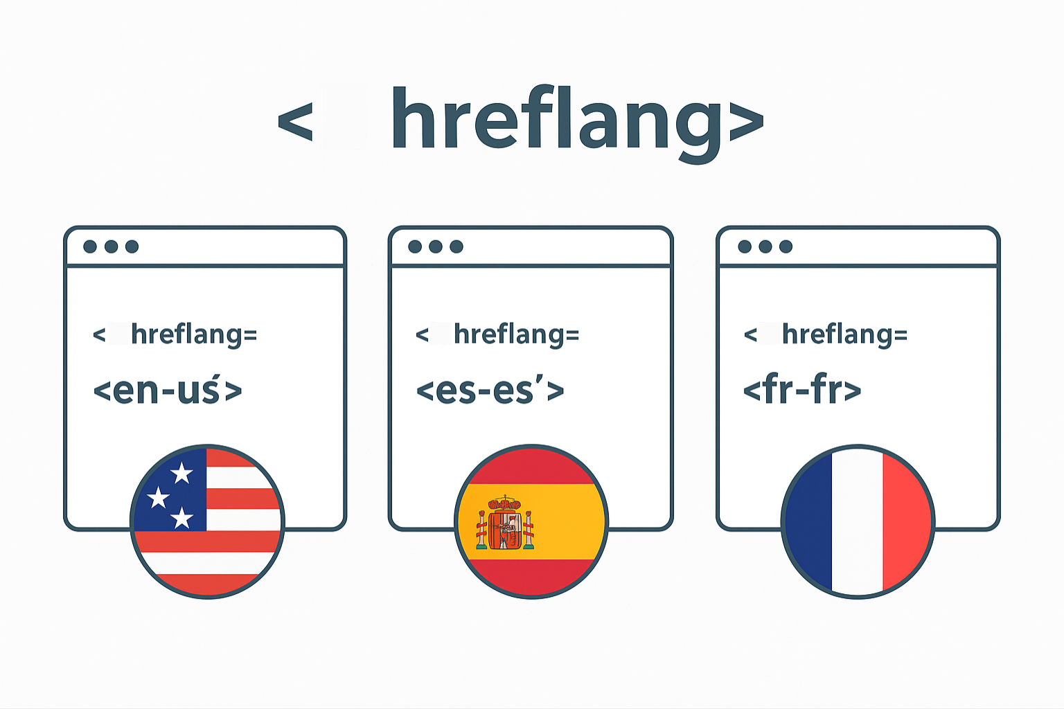 Illustration des balises hreflang en HTML avec les codes de langue en-us, es-es et fr-fr, représentant le ciblage linguistique et géographique d’un site web.