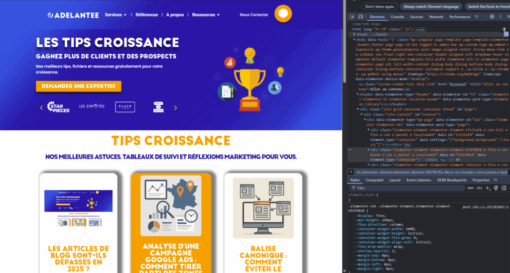 Capture d’écran d’un site web Adelantee affiché avec son code HTML dans l’inspecteur, illustrant la relation entre le balisage HTML et le référencement naturel.