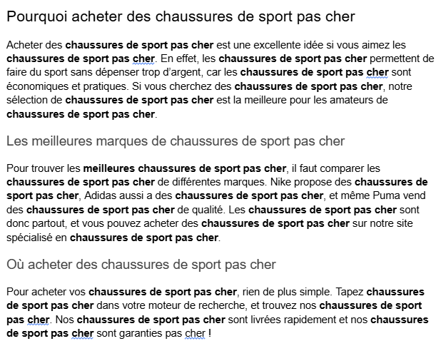 Exemple de texte présentant un bourrage de mots-clés, où l’expression “chaussures de sport pas cher” est répétée excessivement pour tenter d’améliorer le référencement.