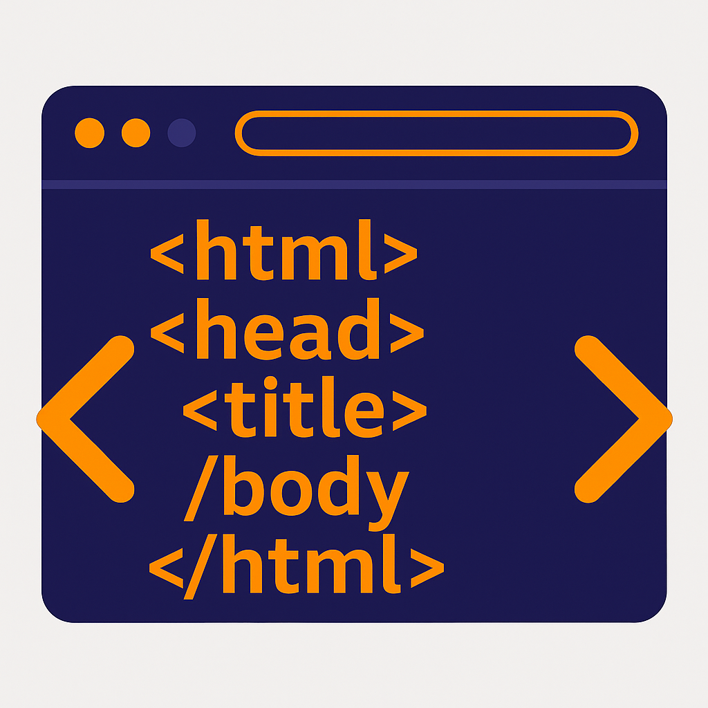 Illustration représentant la structure de base d’un code HTML avec les balises , , et , symbolisant les fondations du SEO technique.