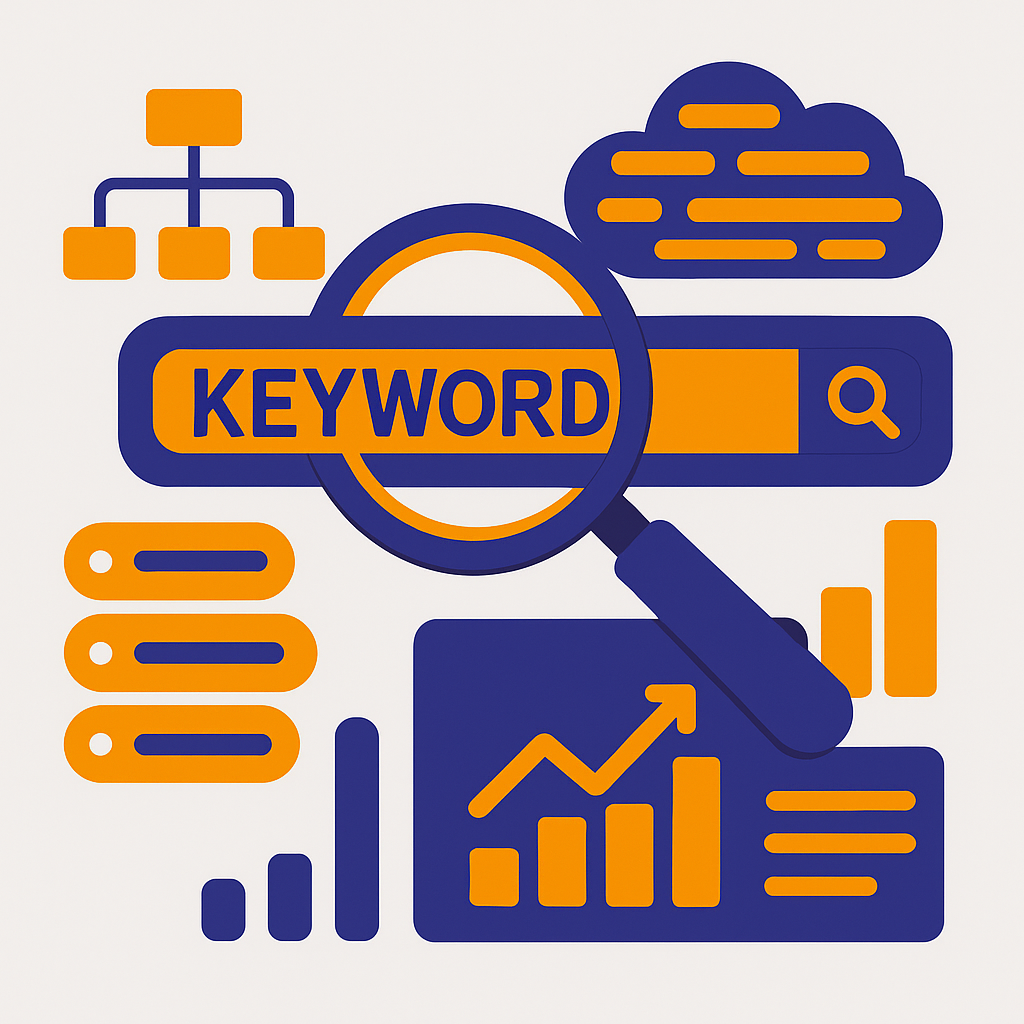 Illustration représentant une loupe sur le mot “keyword” avec des graphiques et icônes d’analyse SEO.
