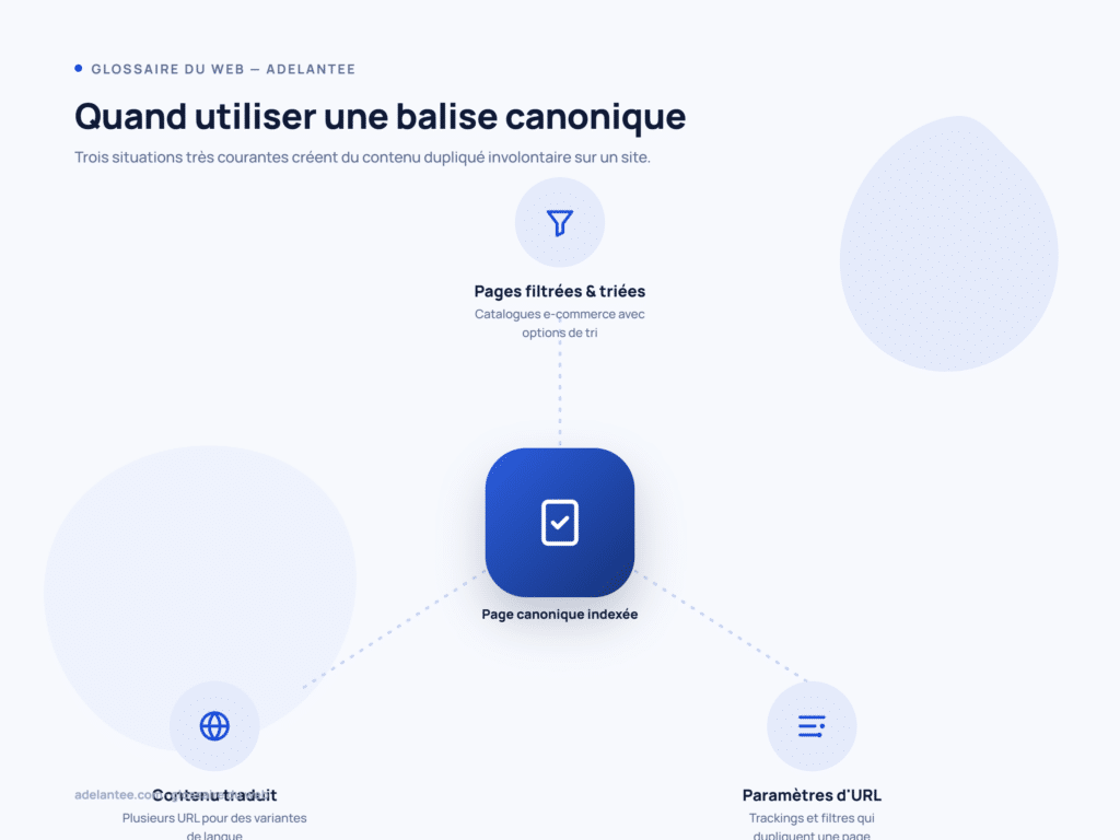 Trois cas d'usage de la balise canonique : pages filtrées, contenu traduit, paramètres d'URL