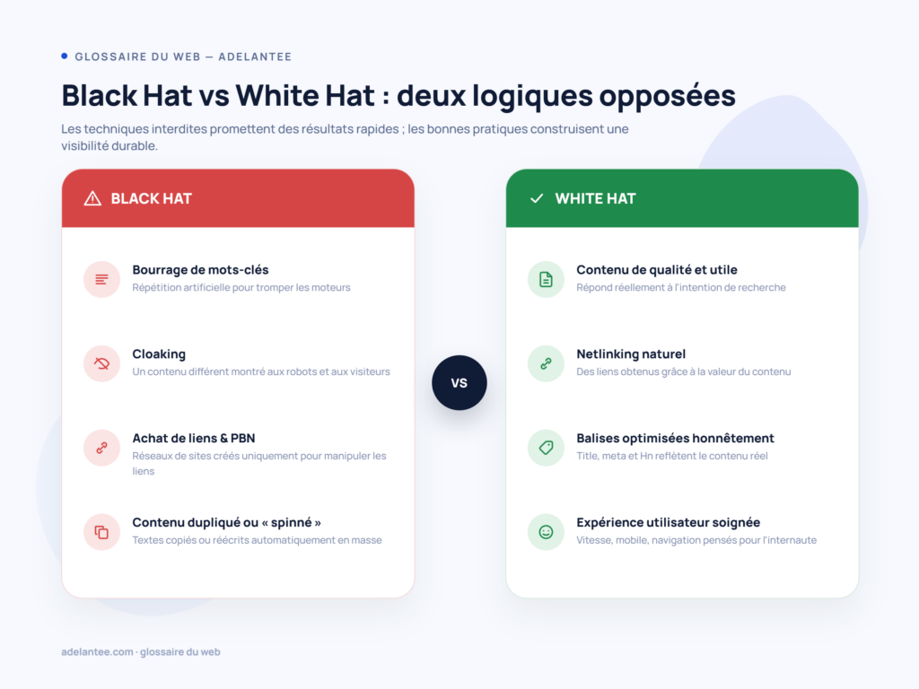 Comparatif Black Hat SEO vs White Hat SEO : techniques interdites et bonnes pratiques
