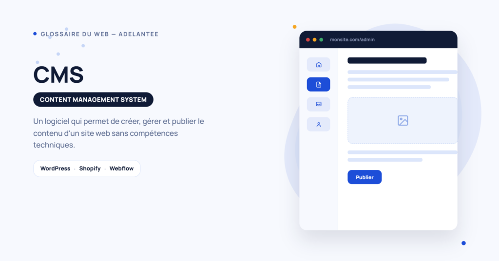 Illustration d'une interface d'administration de CMS avec barre latérale et éditeur de contenu